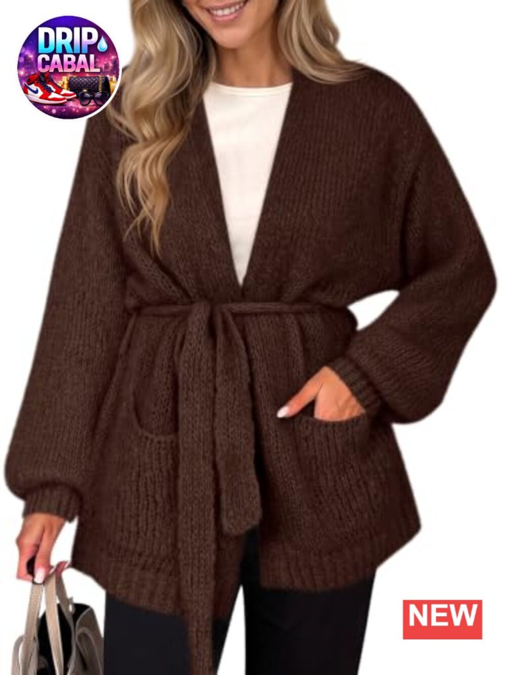 Saodimallsu V Neck Belted Cardigan Sweater Open Front Knit Coat
